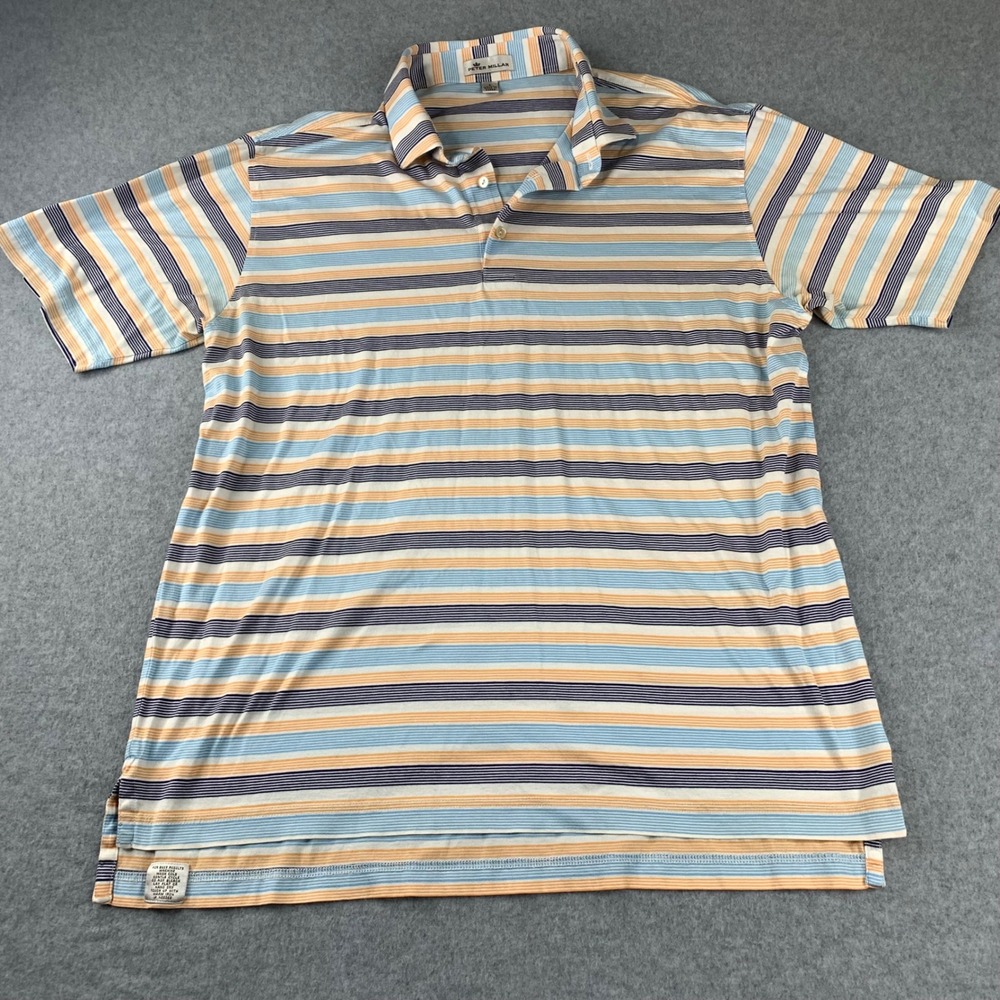 Peter Millar Polo Shirt Mens Large Blue Orange Striped Short Sleeve Cotton Golf